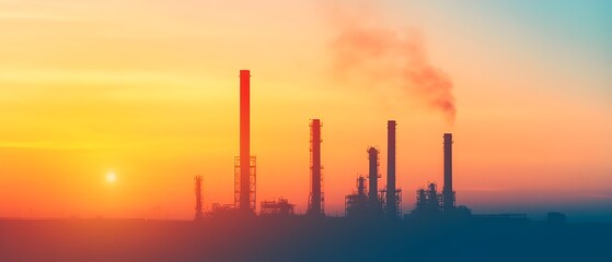 Silhouette of a natural gas processing plant with an open landscape in the background illuminated by soft daylight tones