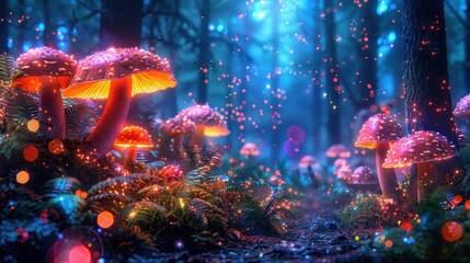 A magical forest scene with glowing, pink and orange mushrooms. Lots of sparkling light.