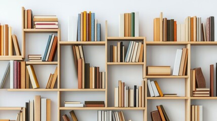 Many books are arranged on light-colored wooden shelves.
