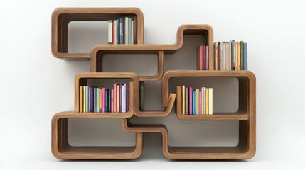 A wooden, abstract bookshelf with various colored books.