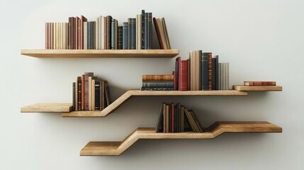 Wooden shelves with books of various colors and sizes.