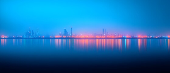 Naklejka premium Stunning nighttime view of a large petrochemical refinery with bright colorful lights illuminating the skyline and infrastructure Crisp reflections on the water create a double exposure effect