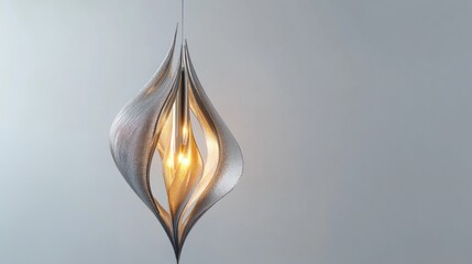 A silver, teardrop-shaped pendant light with a warm-glowing bulb inside.