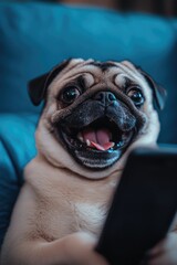 Playful Pug on Sofa Looking at Black Cellphone Screen with Blue Background