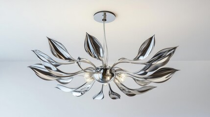 A chrome chandelier with leaf-shaped arms.