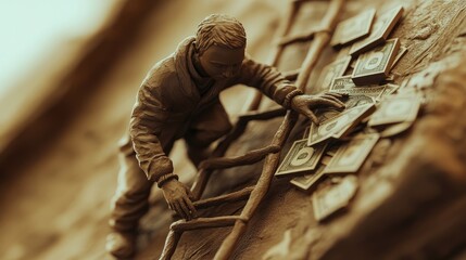 Fototapeta premium Artificially generated clay figure on a ladder to financial achievement, with money waiting at the peak, symbolizing ambition