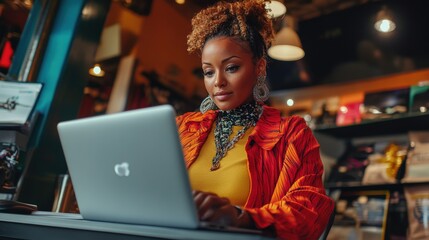 Obraz premium A woman is sitting at a table with a laptop in front of her