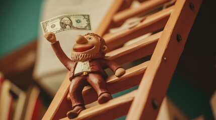 Artificially modeled clay character scaling a ladder with cash at the top, illustrating the journey to financial and business success