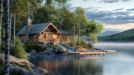 Obraz premium Secluded Lakeside Log Cabin Tranquil Forest Retreat Sunrise View