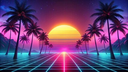 Fototapeta premium abstract futuristic landscape with neon glow, palm trees, sun, clouds, synthware, retrowave, vaporwave