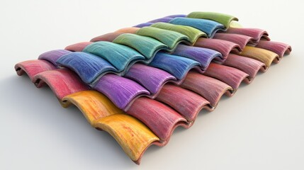 Many colorful, overlapping roof tiles in a variety of shades.