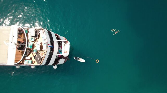 Above View Of Luxury Yacht Charter On The Adriatic Coast In Croatia. Aerial Shot