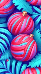 Fototapeta premium Colorful abstract pattern with vibrant spheres and leaves, blending vivid reds, pinks, and blues for an eye-catching design.