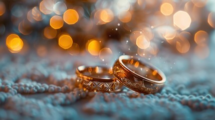 Two gold wedding rings sit on a textured light teal surface, with blurred golden lights in the background.