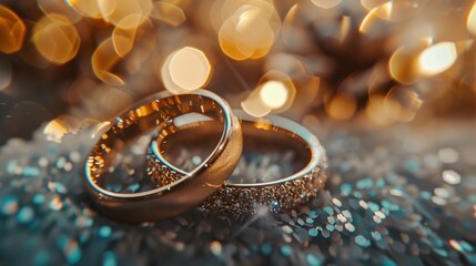 Two gold wedding rings, close-up, resting on a teal-colored sparkly surface, with blurred golden lights in the background.