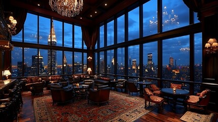 Luxury Lounge with Cityscape View at Dusk