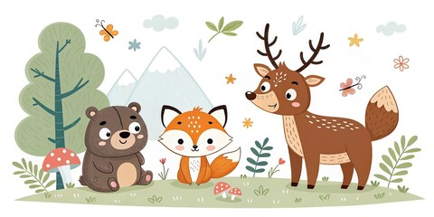 Naklejka premium minimalist cute cartoon north american wildlife background