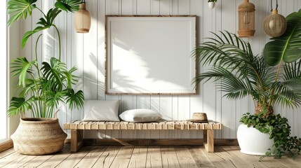 A bright, light room with plants, a wooden bench, and a blank framed picture.