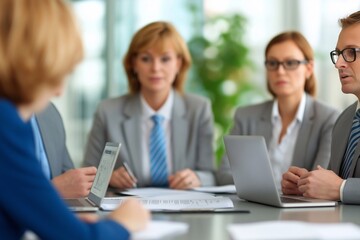A group of business people in an office meeting, gathered around the table with laptops and notepads on it as one person is presenting data charts to them. professional collaboration during work.