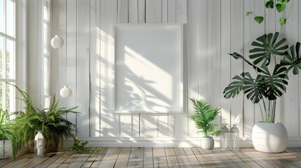 White room with wooden walls, plants, and a blank picture frame. Sunlight streams in.
