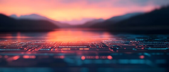 Ethereal double exposure of quantum computing symbols overlaid on the tranquil reflection of a picturesque lake at dusk  The futuristic digital elements merge seamlessly with the natural landscape