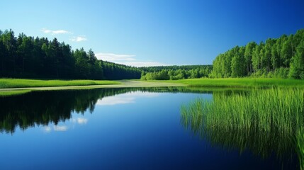 Obraz premium A serene landscape featuring a calm lake surrounded by lush greenery under a clear blue sky.