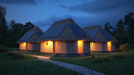 Fototapeta premium Eco-Friendly Homes Powered by Solar Energy at Night