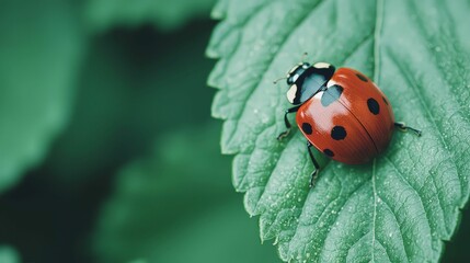 Obraz premium A vibrant ladybug rests on a green leaf, showcasing its bright red shell and black spots against a lush backdrop.