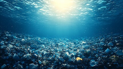 Naklejka premium Underwater Scene of Polluted Ocean with Marine Life