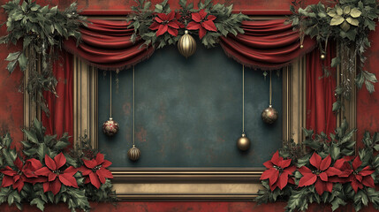 Victorian style Christmas frame with curtains,pearls and greenery on a vintage background for holiday cards, invitations and social media posts.