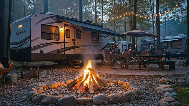 Campfire burning brightly in campground with rvs and string lights