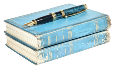 Explore the timeless beauty of classic literature with blue-bound books and elegant fountain pens transparent background