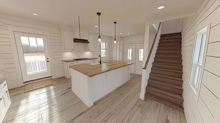 Modern kitchen with island, wood floors and stairs leading to the second floor.