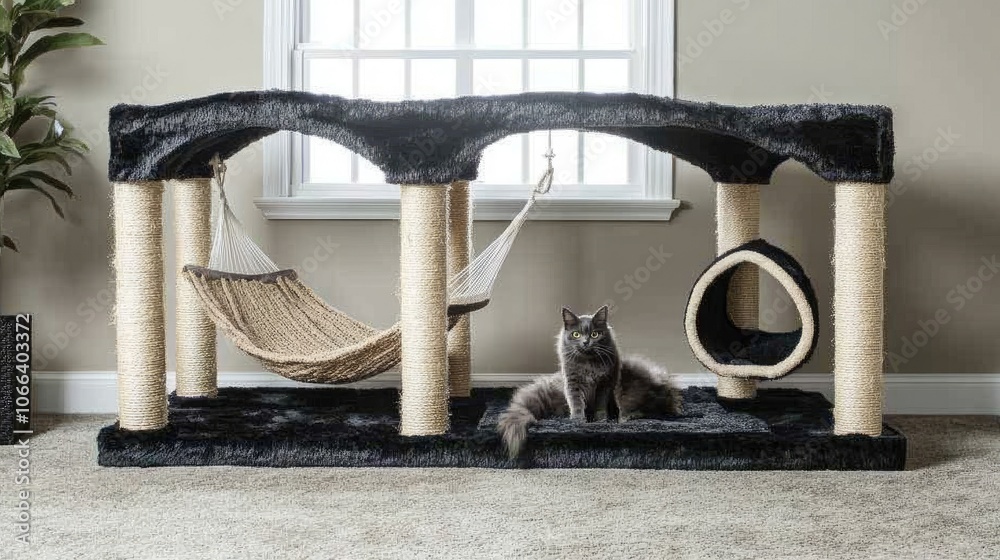 Wall mural cat playing on modern cat condo with sisal cove