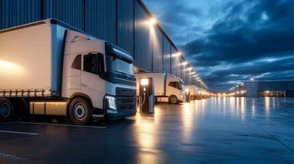 row of electric trucks charging at industrial facility during twilight, reflecting on wet pavement. scene captures transition to sustainable transportation