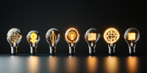 row of light bulbs with glowing geometric and symbol shapes, creating modern and innovative atmosphere. bulbs are arranged on reflective surface against dark background
