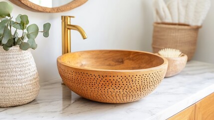 Elegant Ceramic Sink with Gold Fixtures on Countertop