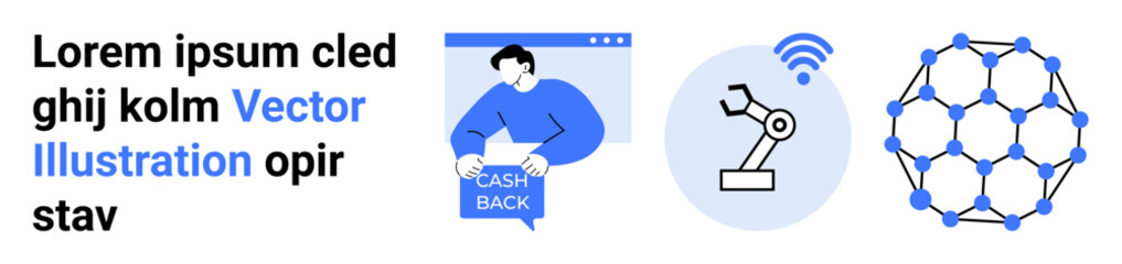 Man with cashback sign, robotic arm, and interconnected nodes. Ideal for financial services, automation, networking, technology, marketing, innovation, web design Landing page