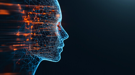 digital human head composed of interconnected lines and glowing nodes symbolizes artificial intelligence and technology. abstract design highlights innovation and futuristic concepts