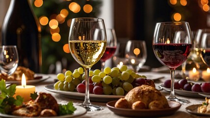 Elegant Dinner Party with red and white wine, bokeh lights, romance V6