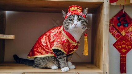 Fototapeta na wymiar cat wearing chinese new year costume