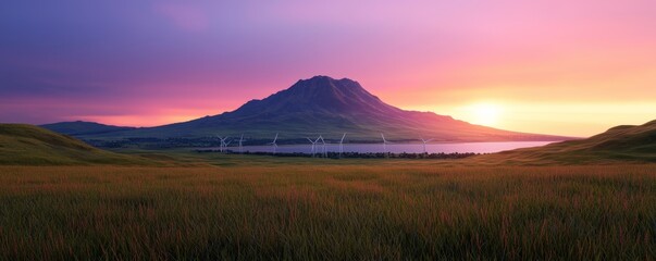 Fototapeta premium Serene View of Wind Farm at Sunset Over Mountain Landscape
