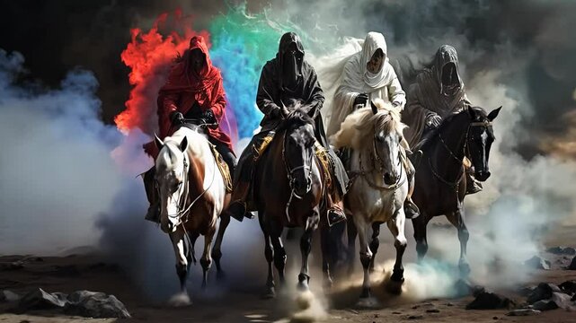 Prophetic vision: four horsemen of apocalypse representing conquest, war, famine, death, embodying harbingers of judgment, transformation in biblical lore, signifying impending change, chaos.