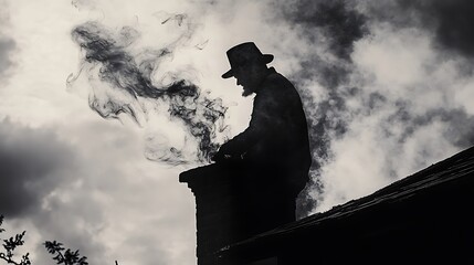 A man in a hat stands on a chimney with smoke rising from the chimney. The man is a silhouette against a cloudy sky.
