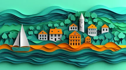 Fotobehang Colorful Paper Cut Landscape Concept Art © StockLife94