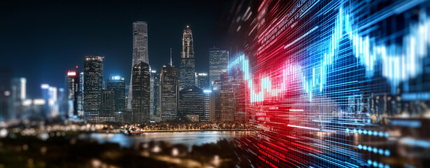 vibrant city skyline at night is juxtaposed with dynamic digital graphs, symbolizing intersection of urban life and technology