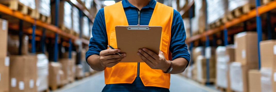 construction worker in orange vest holds clipboard in warehouse, surrounded by shelves filled with boxes, focusing on inventory management