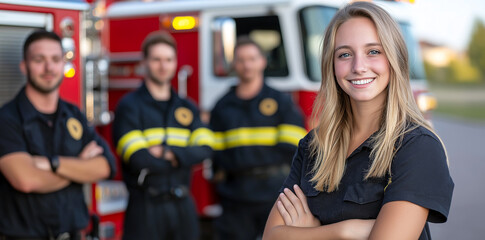 confident female firefighter stands in front of team of male colleagues, with fire truck in background, showcasing teamwork and diversity in fire service