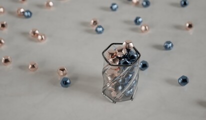 Dodecahedron objects in a twisted glass and on the ground 3D computer generated image