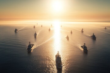 Fototapeta premium A military ship sails home after a long mission, cutting through calm waters. The sun sets behind, casting a warm glow over the ship’s silhouette as it heads toward the shore, signaling a safe return.